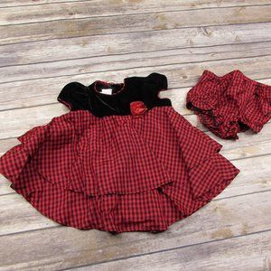 La Princess 6 - 9 Months Red Buffalo Plaid Black Velvet Bodice Dress Bloomers